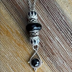 Pandora Silver Necklace with Black Beads and Faceted Drop